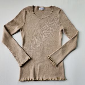 Calvin Klein Metallic Gold Hem Beige Ribbed Long Sleeve Top Size S